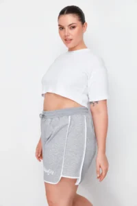 Trendyol Curve Gray Slogan Printed Piping Detailed Knitting Plus Size Shorts & Bermuda - Image 2