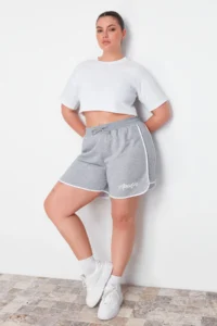 Trendyol Curve Gray Slogan Printed Piping Detailed Knitting Plus Size Shorts & Bermuda - Image 3