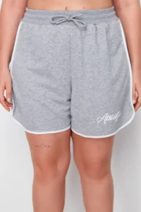 Trendyol Curve Gray Slogan Printed Piping Detailed Knitting Plus Size Shorts & Bermuda - Image 4