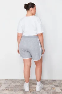 Trendyol Curve Gray Slogan Printed Piping Detailed Knitting Plus Size Shorts & Bermuda - Image 6