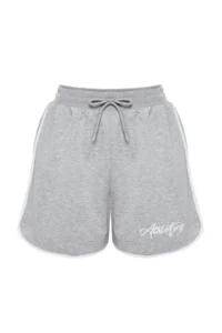 Trendyol Curve Gray Slogan Printed Piping Detailed Knitting Plus Size Shorts & Bermuda - Image 7
