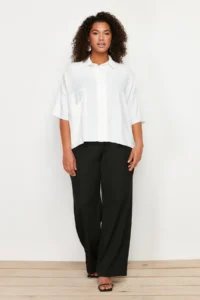 Trendyol Curve White Oversized Wide Pattern Poor Sleeve Weaving Shirt - Image 2
