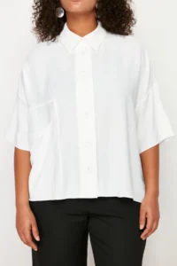 Trendyol Curve White Oversized Wide Pattern Poor Sleeve Weaving Shirt - Image 4
