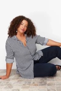 Trendyol Curve Navy Blue-White Viscose Long Sleeve Striped Plus Size Shirt