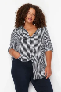 Trendyol Curve Navy Blue-White Viscose Long Sleeve Striped Plus Size Shirt - Image 2