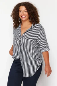 Trendyol Curve Navy Blue-White Viscose Long Sleeve Striped Plus Size Shirt - Image 3
