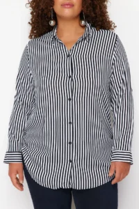 Trendyol Curve Navy Blue-White Viscose Long Sleeve Striped Plus Size Shirt - Image 4