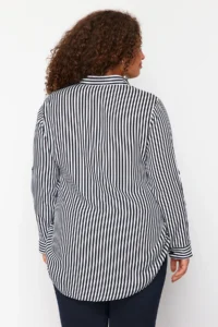 Trendyol Curve Navy Blue-White Viscose Long Sleeve Striped Plus Size Shirt - Image 6