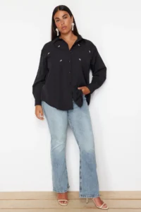 Trendyol Curve Black Plus Size Stone Embroidered Poplin Weaving Shirt