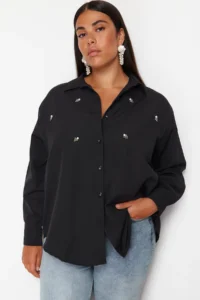 Trendyol Curve Black Plus Size Stone Embroidered Poplin Weaving Shirt - Image 2