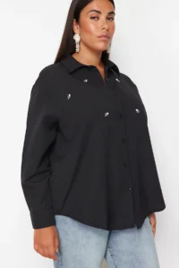 Trendyol Curve Black Plus Size Stone Embroidered Poplin Weaving Shirt - Image 3