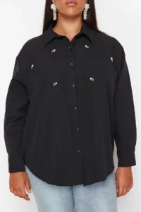 Trendyol Curve Black Plus Size Stone Embroidered Poplin Weaving Shirt - Image 4
