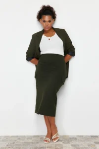 Trendyol Curve Khaki Pocket Detail Midi 100% Cotton Knitting Skirt