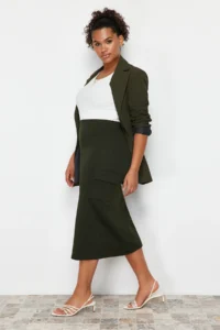 Trendyol Curve Khaki Pocket Detail Midi 100% Cotton Knitting Skirt - Image 3