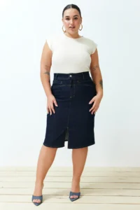 Trendyol Curve Dark Blue slit Mini Size comfort/Middle Flexible Plus Size denim Pencil Skirt