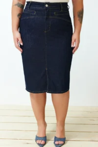 Trendyol Curve Dark Blue slit Mini Size comfort/Middle Flexible Plus Size denim Pencil Skirt - Image 4