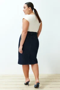 Trendyol Curve Dark Blue slit Mini Size comfort/Middle Flexible Plus Size denim Pencil Skirt - Image 6