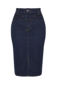 Trendyol Curve Dark Blue slit Mini Size comfort/Middle Flexible Plus Size denim Pencil Skirt - Image 7