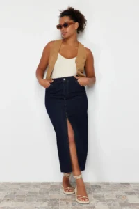 Trendyol Curve Dark Blue slit Maxi denim Skirt