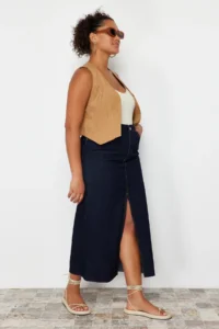 Trendyol Curve Dark Blue slit Maxi denim Skirt - Image 2