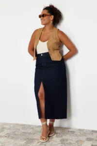 Trendyol Curve Dark Blue slit Maxi denim Skirt - Image 3
