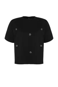 Trendyol Curve Black Heart Accessory Detailed Oversized/Bol Cut 100% Cotton Knitting T-Shirt - Image 7