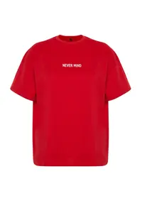 Trendyol Curve Red Slogan Printed Oversized 100% Cotton Knitting Plus Size T-Shirt - Image 7
