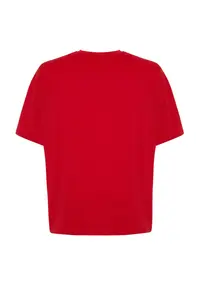Trendyol Curve Red Slogan Printed Oversized 100% Cotton Knitting Plus Size T-Shirt - Image 8