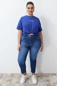 Trendyol Curve Saks Blue Slogan Printed Oversized 100% Cotton Knitting Plus Size T-Shirt
