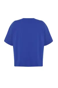 Trendyol Curve Saks Blue Slogan Printed Oversized 100% Cotton Knitting Plus Size T-Shirt - Image 8