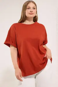 Trendyol Curve Brick Red 100% Cotton Back Printed Oversized Cut Crew Neck Knitting T-Shirt - Image 7