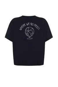 Trendyol Curve Navy Blue 100% Cotton Back Printed Oversized Cut Crew Neck Knitting T-Shirt - Image 7