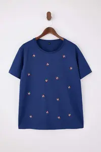 Trendyol Curve Indigo relaxed Floral Embroidery Detailed 100% Cotton Knitting Plus Size T-Shirt - Image 5