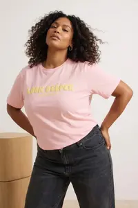 Trendyol Curve Pink Slogan Printed relaxed 100% Cotton Knitting Plus Size T-Shirt - Image 2