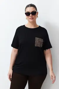 Trendyol Curve Black Oversized animals Printed Pocket detailed 100% Cotton Knitting Plus Size T-Shirt