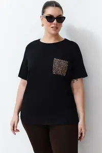 Trendyol Curve Black Oversized animals Printed Pocket detailed 100% Cotton Knitting Plus Size T-Shirt - Image 2