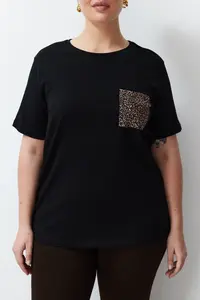 Trendyol Curve Black Oversized animals Printed Pocket detailed 100% Cotton Knitting Plus Size T-Shirt - Image 5