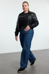 Trendyol Curve Dark Blue High Waist Faded Effect Vintage Washed Wide Leg Plus Size Wide Leg jeans