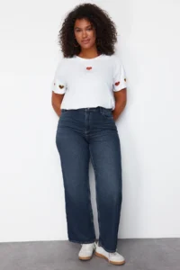 Trendyol Curve Dark Blue High Waist Faded Effect Vintage Wash Wide Leg/Wide Leg 100% Cotton jeans