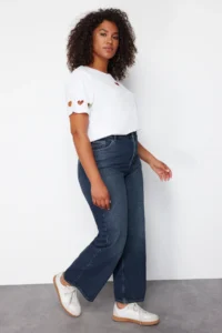 Trendyol Curve Dark Blue High Waist Faded Effect Vintage Wash Wide Leg/Wide Leg 100% Cotton jeans - Image 2