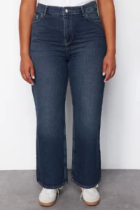 Trendyol Curve Dark Blue High Waist Faded Effect Vintage Wash Wide Leg/Wide Leg 100% Cotton jeans - Image 4