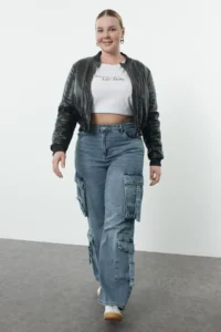 Trendyol Curve Mavi High Waist Wide Leg Cargo with pocket Plus Size Wide Leg jeans