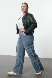 Trendyol Curve Mavi High Waist Wide Leg Cargo with pocket Plus Size Wide Leg jeans - Image 2
