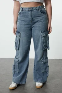 Trendyol Curve Mavi High Waist Wide Leg Cargo with pocket Plus Size Wide Leg jeans - Image 3