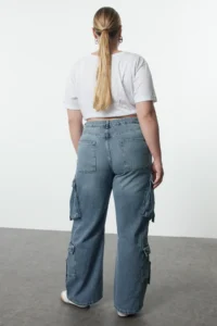 Trendyol Curve Mavi High Waist Wide Leg Cargo with pocket Plus Size Wide Leg jeans - Image 5