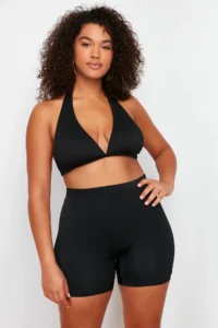 Trendyol Curve Black High Waist Fitted Mini Shorts Knitting Plus Size Bikini Bottom