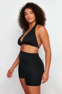 Trendyol Curve Black High Waist Fitted Mini Shorts Knitting Plus Size Bikini Bottom - Image 2
