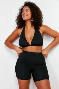 Trendyol Curve Black High Waist Fitted Mini Shorts Knitting Plus Size Bikini Bottom - Image 3