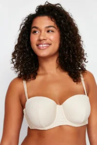 Trendyol Curve Beige Ribbed textured removable Sleeveless Strapless without filling Sabit Covered Bra