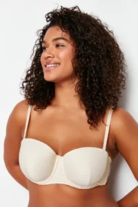 Trendyol Curve Beige Ribbed textured removable Sleeveless Strapless without filling Sabit Covered Bra - Image 3